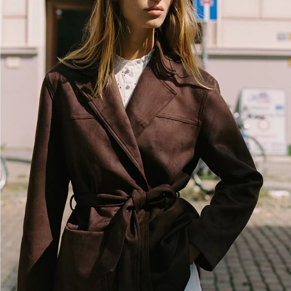 Zara Faux Chocolate Brown Suede Belted Jacket